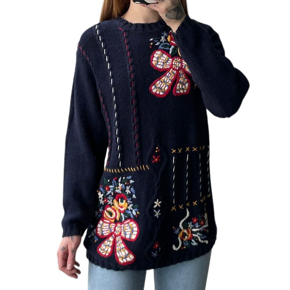 Vintage Hand Embroidered Chunky Cottagecore Navy Sweater - Size L